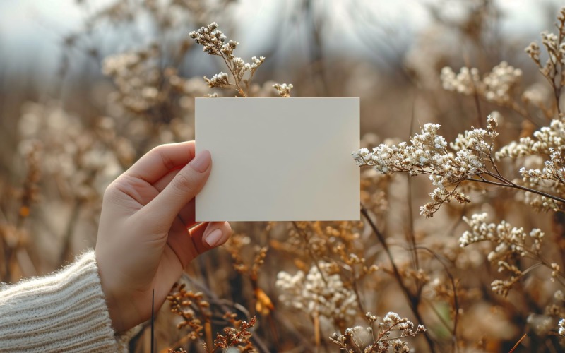 White Paper Held Against Dried Flowers Card Mockup 36 Illustration