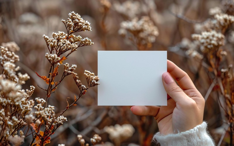 White Paper Held Against Dried Flowers Card Mockup 37 Illustration