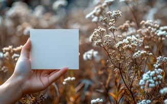White Paper Held Against Dried Flowers Card Mockup 38
