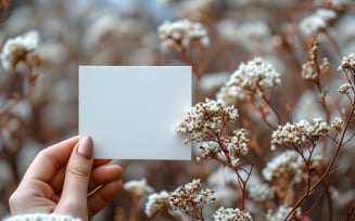 White Paper Held Against Dried Flowers Card Mockup 40