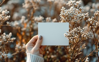 White Paper Held Against Dried Flowers Card Mockup 43