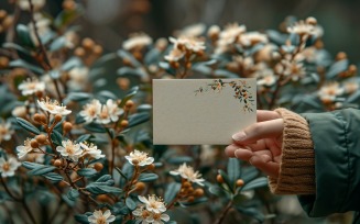 White Paper Held Against Flowers Card Mockup 12