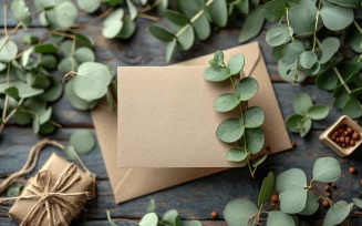 Wedding Invitation Card Mockup Leaves On Light Brown paper 75