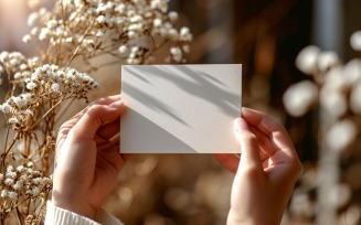 White Paper Held Against Dried Flowers Card Mockup 54