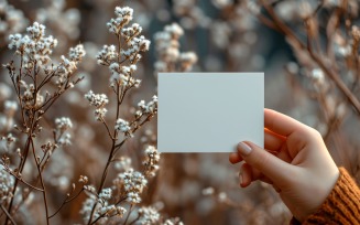 White Paper Held Against Dried Flowers Card Mockup 55