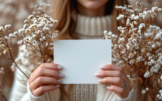 White Paper Held Against Dried Flowers Card Mockup 56