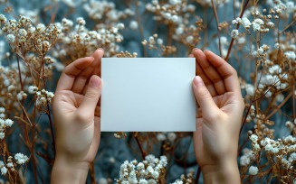 White Paper Held Against Dried Flowers Card Mockup 57