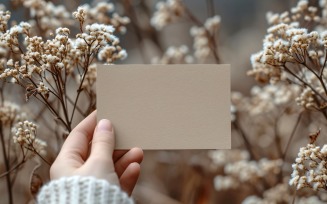 White Paper Held Against Dried Flowers Card Mockup 58