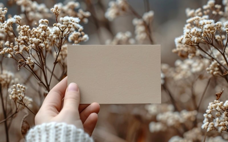 White Paper Held Against Dried Flowers Card Mockup 58 Illustration