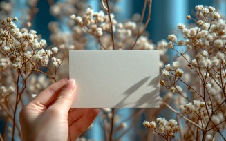 White Paper Held Against Dried Flowers Card Mockup 59