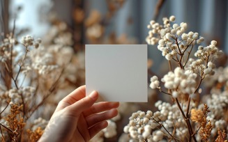 White Paper Held Against Dried Flowers Card Mockup 60