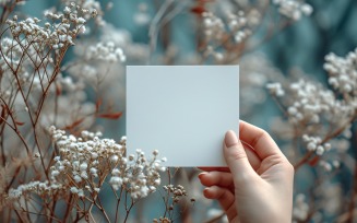 White Paper Held Against Dried Flowers Card Mockup 61