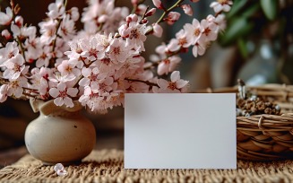White Postcard mockup, flat lay on Pink Flowers 115