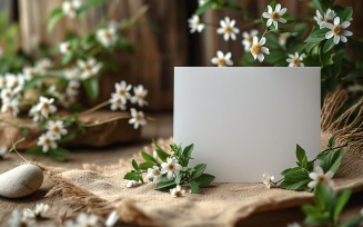 White Postcard mockup, flatlay on Leaves & White Flowers 131