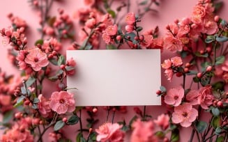 White Postcard mockup, flatlay on Pink Flowers 109
