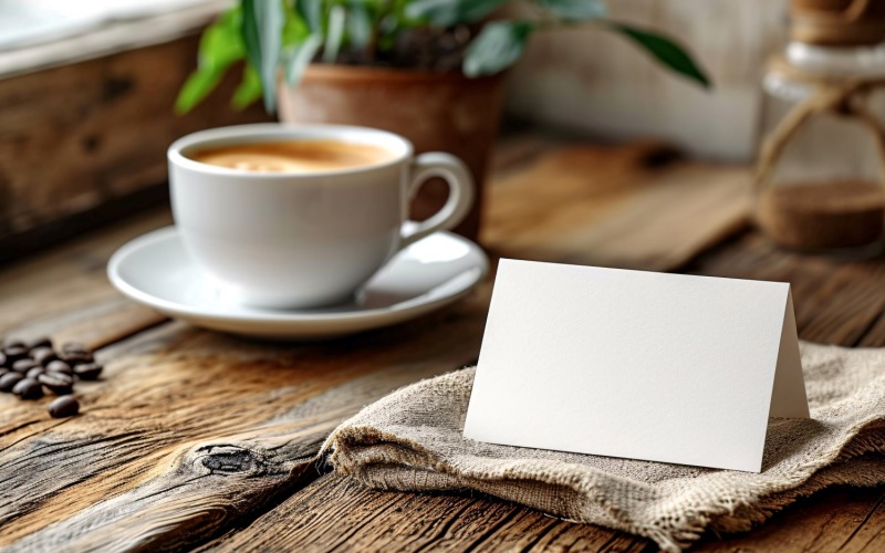 White Postcard mockup on Tea Cup wooden background 120 Illustration