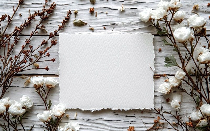 White Paper Green Leaves & White Flowers Card Mockup 235 Illustration