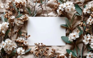 White Paper Green Leaves Flowers Card Mockup 190