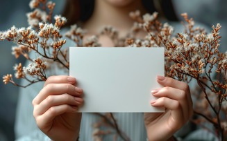 White Paper Held Against Dried Flowers Card Mockup 170