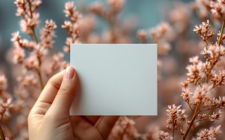 White Paper Held Against Dried Flowers Card Mockup 205