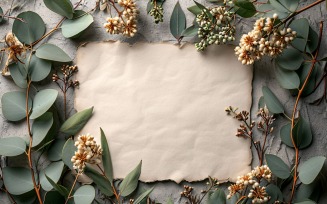 White Paper Green Leaves And White Flowers Card Mockup