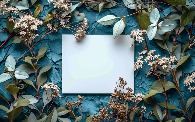 White Paper On Green Leaves & White Flowers Card Mockup 246 Illustration