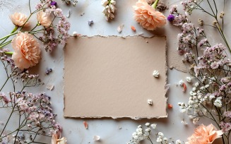 White Paper Card Flat Lay On Flowers Design Mockup 268