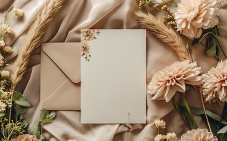 White Paper Card Flat Lay On Flowers Design Mockup 272