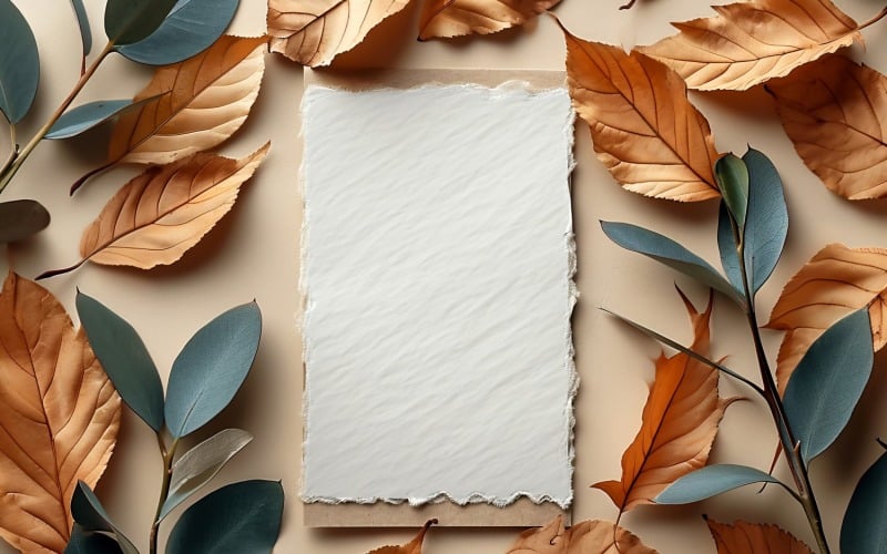 White Paper Dried Leaves & Green Leaves Card Mockup 252 Illustration