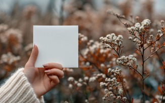 White Paper Held Against Dried Flowers Card Mockup 259