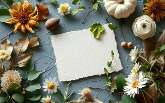 White Paper Card Flat Lay On Flowers Design Mockup 338
