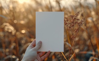 White Paper Held Against Dried Flowers Card Mockup 318