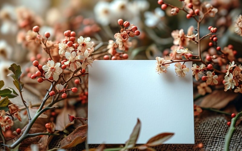 White Paper Card On Dried Flowers Design Mockup 355 Illustration