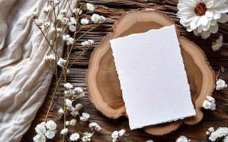 White Paper Flowers & Back Wooden Background Card Mockup 391