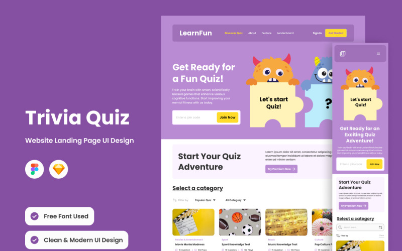 LearnFun - Trivia Quiz Landing Page V1 UI Element