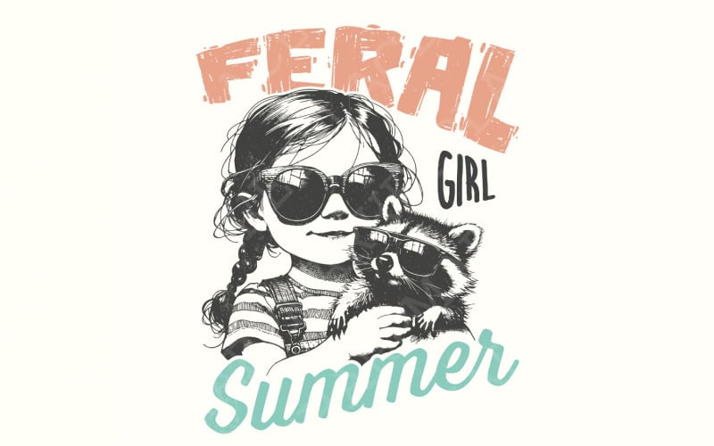 Feral Girl Summer Png, Funny Raccoon Design, Summer Shirt Design, Retro Summer Png, Beach Shirt Illustration