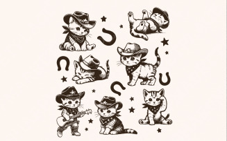 Vintage Cowboy Cats and Kittens Western Cowboy Cowgirl Desert Style PNG, Retro Cowboy Cat png