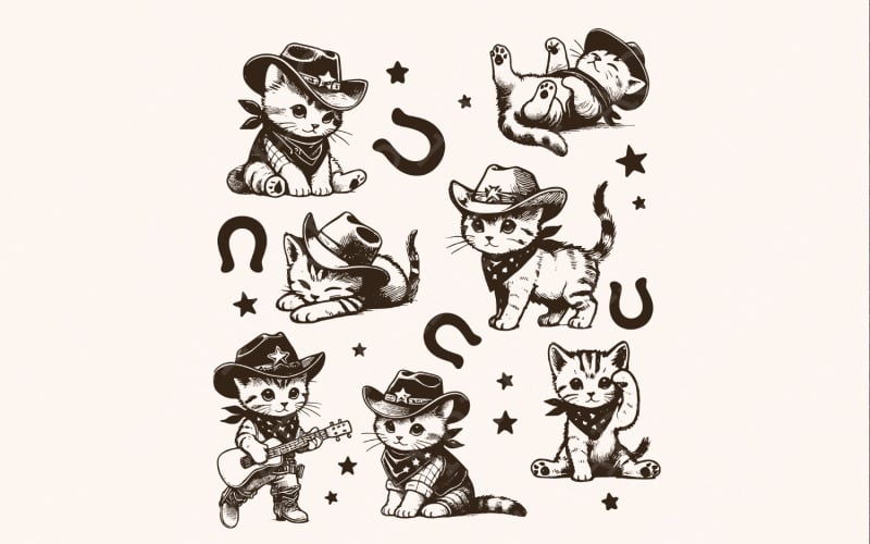 Vintage Cowboy Cats and Kittens Western Cowboy Cowgirl Desert Style PNG, Retro Cowboy Cat png Illustration