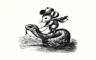 Mouse Cowboy on Snake PNG, Whimsical Western Art, Cute Animal Illustration, Funny Digital Download