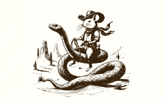 Mouse Cowboy riding Snake PNG, Whimsical Western Art, Cute Animal Illustration, Funny