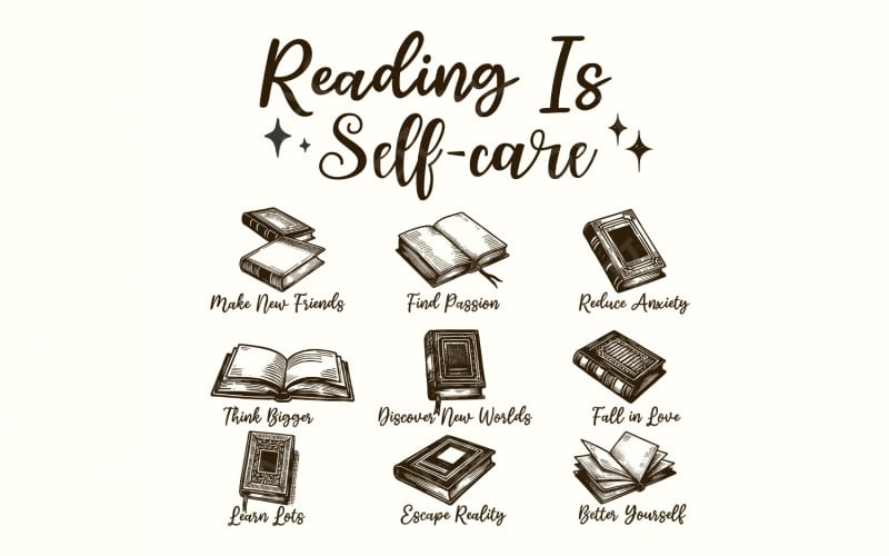 Retro Bookish PNG, Mental Health Reading, Read More Books Art, Book Lover Gift, Book Worm Download Illustration