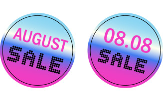 August sale round stickers set with a holographic glossy gradient