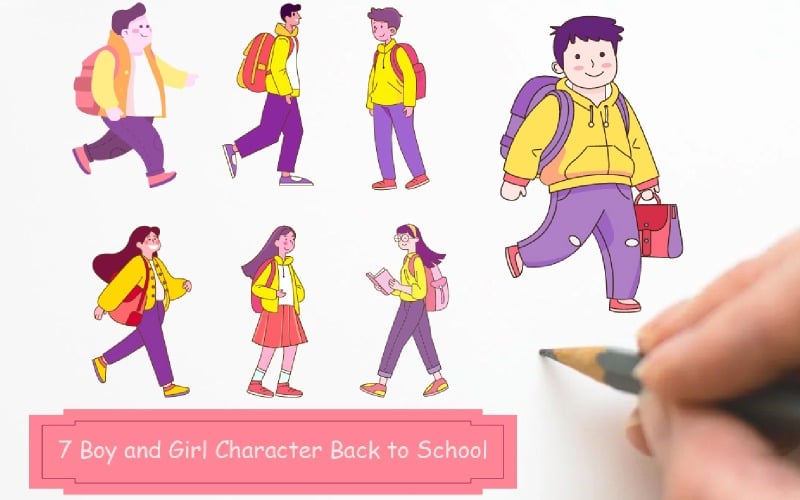 7 Boy and Girl Character Back to School Illustration