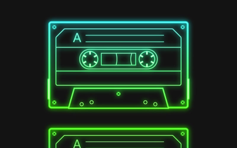 Neon retro audio green cassette tape, a vector illustration set Vector Graphic