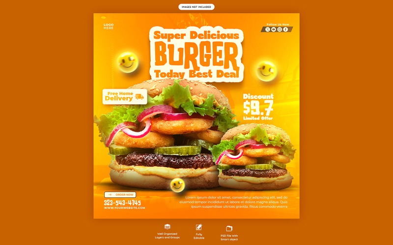 Delicious Burger And Food Menu Social media Post Template Social Media
