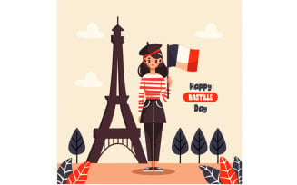 Happy Bastille Day on 14 July with France Flag and Eiffel Tower Illustration