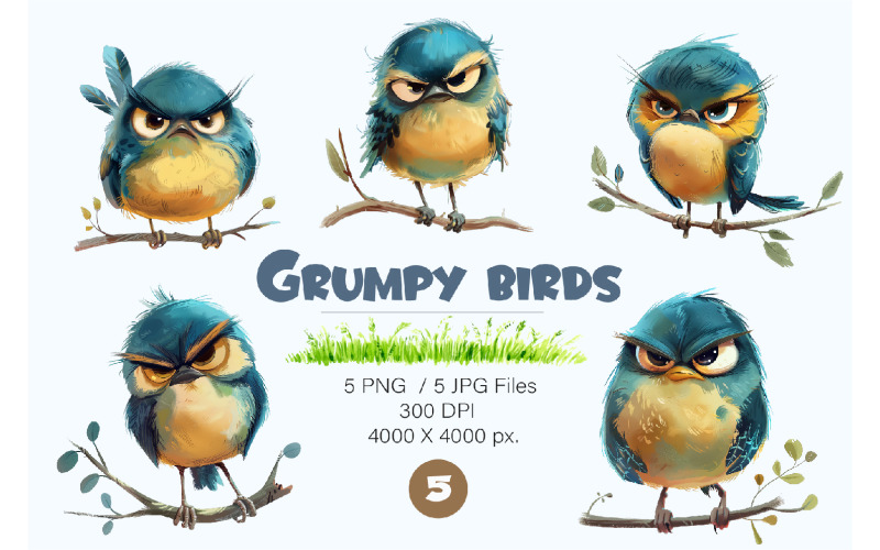 Grumpy cute birds 05. TShirt Sticker. Illustration