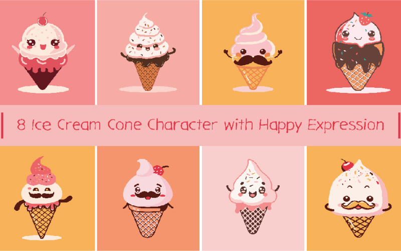 8 Ice Cream Cone Character with Happy Expression Illustration