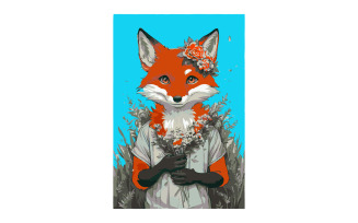 Cute fox holding flowers, anime, poster Template Design