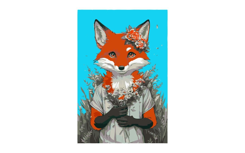 Cute fox holding flowers, anime, poster Template Design Illustration